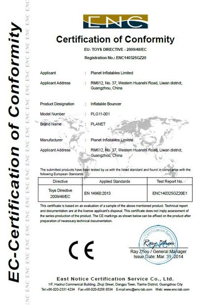 China Guangzhou Planet Inflatables Ltd. Certificaciones