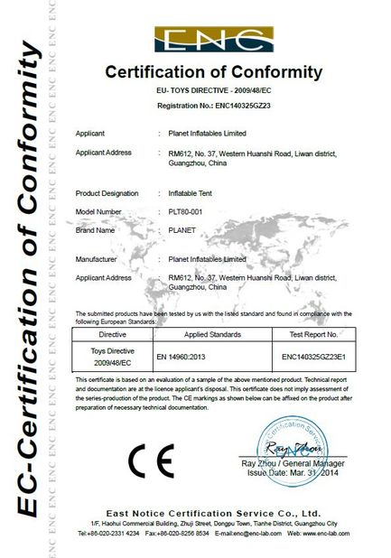 China Guangzhou Planet Inflatables Ltd. Certificaciones